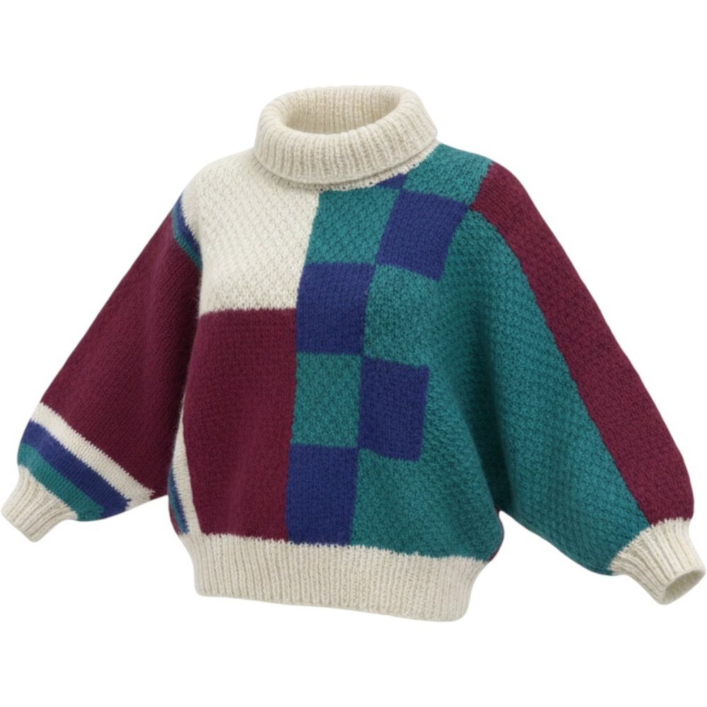 Vintage 80s Colorblock Turtleneck Sweater Hand Knit Womens L XL Dolman Sleeve
